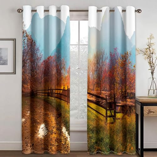 Landschaft Blickdichte Vorhänge mit Ösen Gardinen 2er Set, Verdunkelungsvorhang Thermovorhang Hitzeschutz, Rote Wälder Ösenvorhang für Schlafzimmer Wohnzimmer Kinderzimmer 280 x 264 cm (B x H)