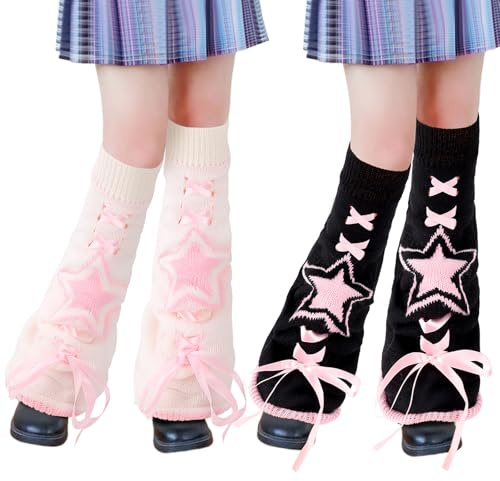 Junely 2 Paar Beinstulpen für Frauen Kawaii Beinwärmer Niedliche Beinwärmer Japanische Socken Halloween Goth Emo-Gyaru Zubehör, Schwarz, Weiß, Pink, Einheitsgröße