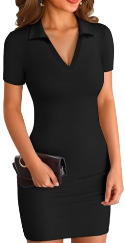 ELFIN Robe d’été Robe Moulante Femme Mini-Robe Courte côtelée Col Polo Manches Courtes Robe décontractée d’été Robes de Sport Moulantes (L, Noir)