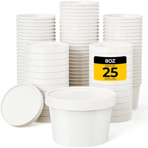 Zuvo 8oz Disposable Soup Containers with Lids (Pack of 25)—Eco-Friendly, Leakproof Kraft Paper Bowls for Hot & Cold Food—Microwave and Freezer Safe