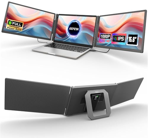 KEFEYA 15.6 Laptop Screen Extender, Includes Power Bank, FHD 1080P IPS Triple Laptop Monitor Extender for 13-17 Laptops, Plug & Play with HDMI/USB-A/TYPE-C/Hub, Compatible with Windows, Mac, Android