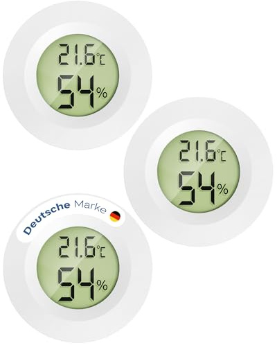 MAVORI® 3er Set Mini Thermometer Hygrometer rund - digitaler Luftfeuchtigkeitsmesser & Raumthermometer mit Spangen-Einbau, C/F & on/off Funktion - für Innenräume, Reptilien, Filament, Grow