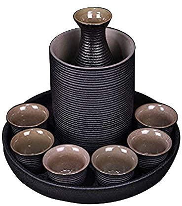 DDNGEJ Set di Tazze da sakè, Tazze in Ceramica, Artigianato, Bicchieri da Vino, sakè Giapponese, Set da 9 Pezzi, Ceramica Nera, per Uso Domestico, recipiente per Vino,