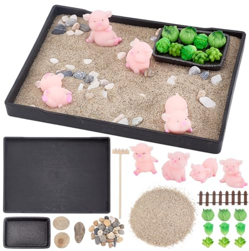 WEBEEDY Zen Garden Kit for Desk,Pig Theme Japanese Zen Sand Garden Box Decor Set with Tray,Sand,Tools for Desktop Meditation Decoration Sandbox Tray Kit Gift,Rectangular(8.3x6.2/21x15.7cm)