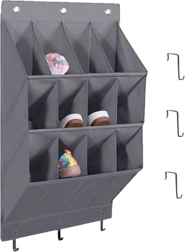 LJEC Organizer per scarpe da appendere, con gancio, porta scarpiera con 12 tasche profonde per armadio, organizer da appendere alla porta per campeggio, armadietto, dormitorio e camper, grigio