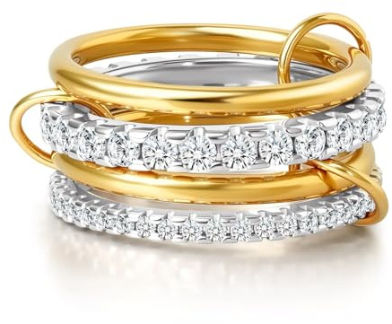 WATEFOER Guldstapelbara ringar för kvinnor missfärgas inte, 18K förgylld kubisk zirkonia ring silver och guld ring set multilänk ringar alla hjärtans dag födelsedag mors dag gåva, Koppar, Kubisk