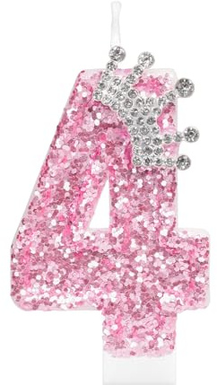 mciskin Rosa födelsedagsljus för flickor, 4:e födelsedagsdekorationer för flicka, glitter nummer 4 ljus för tårta, rosa paljetter ljus med krona för prinsessfest dekorationer, jubileumsmaterial