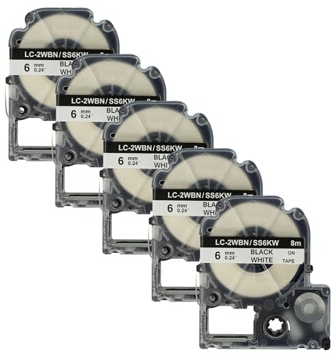 vhbw 5x Schriftband-Kassette Ersatz für Epson LC-2WBN für Etiketten-Drucker 8m x 6mm Schwarz auf Weiß