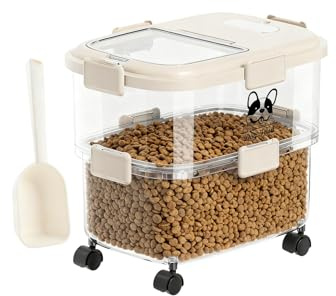 Hundefutter Aufbewahrung 19L Futterbehälter Hund mit Deckel Rollen Beige | Tierfutterbehälter für Hundetrockenfutter und Katzenfutter mit Messlöffel, praktische Aufbewahrung für Küche und Vorratsraum