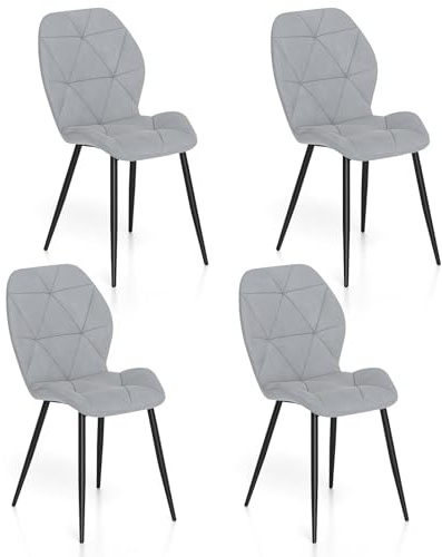 COSTWAY Dining Chair Set of 4, Upholstered Kitchen Chairs with Ergonomic Backrest, Curved Seat, Metal Legs & Non-slip Foot Pads, Modern Armless Accent Side Chair for Living Dining Room Restaurant