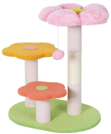 TOTIKI Arbol Rascador Gatos Árbol para Gatos con Flores, Poste Rascador para Gatos, Torre Interior para Gatos con 3 Perchas De Felpa, Bola Colgante Torre para Gatos(19.3 * 14.2 * 22.8in)