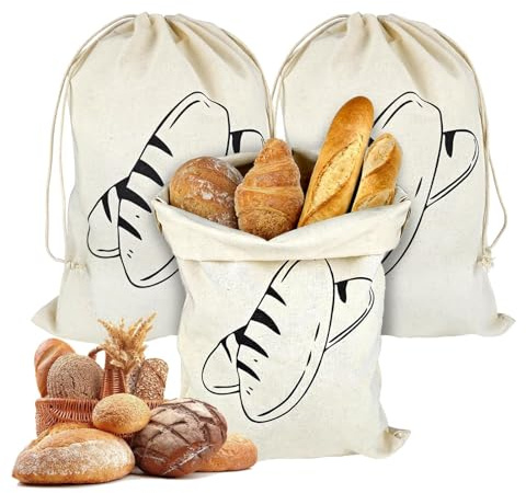 YUUTIAL 3 Pack Linen Bread Bags, 40x30cm Reusable Eco Drawstring Bread Bags Keeping Breads Fresh, Natural Linen Food Storage Bag for Potatoes Fruits