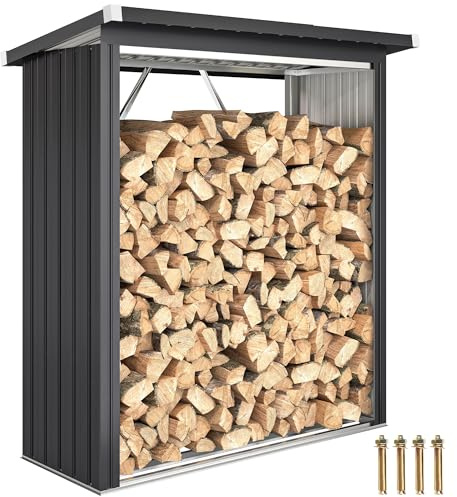 Outsunny Brennholzunterstand Schnelle Montage 150x66,5x150cm Dunkelgrau | Pultdach Erhöhtes Brennholzregal, Kaminholzunterstand, Metall Holz Lager, Brennholzlager Garten, Holzlager für Kaminholz