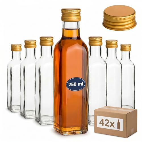 gouveo 42er Set Glasflaschen 250 ml (0,25 l) Maraska eckig, Schraubverschluss PP31,5 goldfarben, leere Klarglasflaschen zum Befüllen für Likör, Schnaps, Sirup, Öl & Essig (MFET250G)