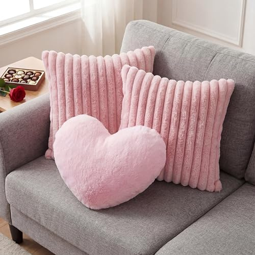 Leinuosen Set of 3 Pink Heart Throw Pillow and 18 in Pillows Covers for Spa Party Faux Fur Decorative Heart Shaped Pillow Furry Stripe Pillowcase for Girls Night Bed Couch Living Room Home Decor