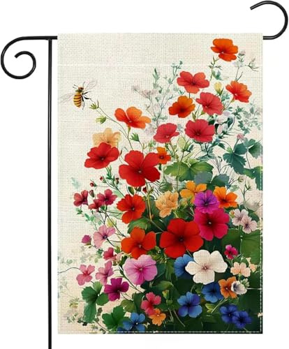 Bandera de jardín de geranio rojo de abeja de primavera de doble cara para bienvenida de verano con flores coloridas para patio al aire libre