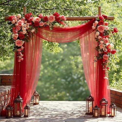 GIBZ Rideau de Fond en Mousseline Arche Tissu sans Plis Drapé Décoration Élégante en Tulle pour Mariage Anniversaire Fête, Rouge, 160x600cm