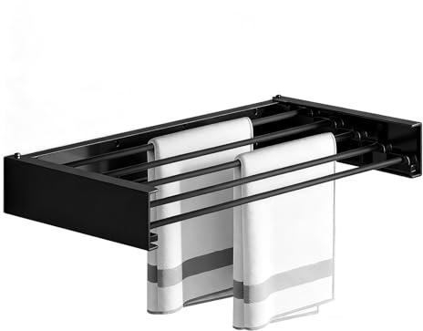 Tvättställ väggmontering av kolstål och aluminium, enkelt torkställ vägg, vikbar väggtork för inomhus- och utomhusbruk, väggtorkare utdragbar för balkong (svart utan krok)