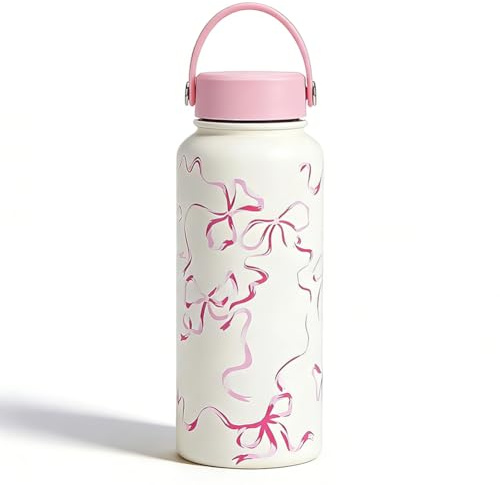 Pink Bow Water Bottle 32oz, Leak Proof Cute Stainless Steel Insulated Water Bottle with Flip Straw and Handle,Gifts for Women Girls Teens Birthday Christmas (A1)