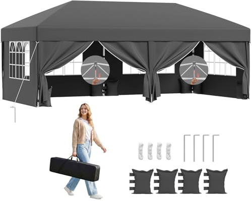 TRIUMPHKEY Pavillon 3x6m Wasserdicht Stabil Winterfest，Pop Up Faltpavillon mit 6 Seitenteilen und 4 Sandsäcke， Faltbar Partyzelt Gartenzelt Gartenpavillon für Camping Party，Garten，Grau