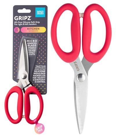 Taylors Eye Witness Gripz 21cm Kitchen Scissors Cardinal – Micro-Serrated Stainless Steel Blades, Soft Grip Silicone Handles, Ambidextrous Food & Cooking Scissors for Everyday Kitchen Use