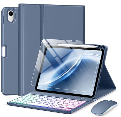 drivego Tastatur Hülle mit Maus for iPad A16 11/10 Generation & Schutzfolie | (11/10.9 Zoll, 2025/2022), Bluetooth Magnetisch Beleuchtete Tastatur, Hülle mit Panzerglas for iPad 11. 10. Gen, Blau Grau