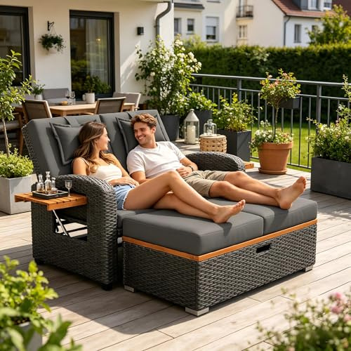 Su & Chan Legence Sonnenliege für 2 Personen, Outdoor Daybed mit Verstellbarer Rückenlehne und Fußhocker, wetterfestes Polyrattan Gartensofa, Grau