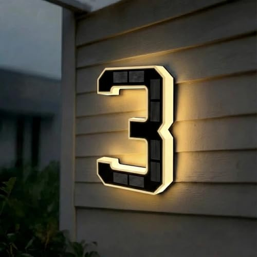 Solar House Numbers for Outside, 4.7/6.7/9 LED Lighted Address Sign for House, IP65 Waterproof Illuminated Modern Numbers, Dusk to Dawn Auto-Glow for Home Mailbox Yard(3-Black,4.7)