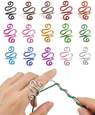 QEDBOJE 15 piezas, dedales ajustables para tejer, protección dedos, tensión uniforme al hacer crochet, set de anillos, de metal antióxido, coloridos, ideales para quilting y manualidades