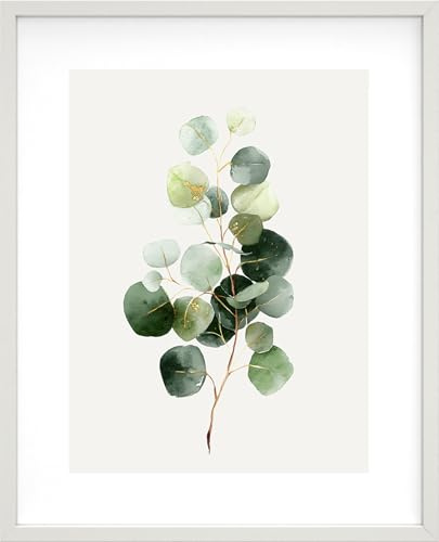 STYLER Bild Eucalyptus 40 x 50 cm mit weißem Holzrahmen – Botanisches Eukalyptus Wandbild in Grün Beige – Modernes Aquarell Poster Minimalistisch