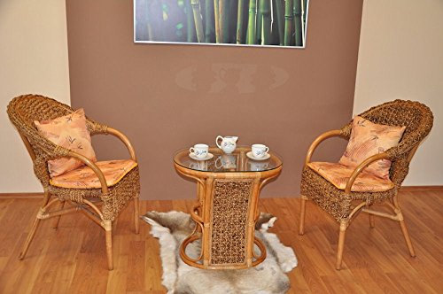 Rattangarnitur Dion, Set 2 Rattansessel + Rattantisch Fb. Honig + Wasserhyazinthe, inkl. Kissen