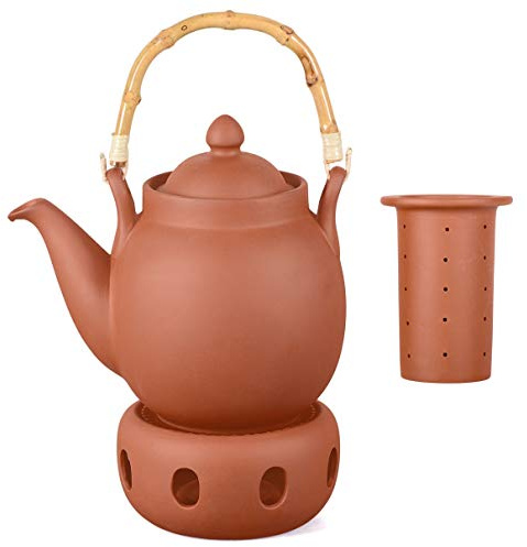 Aricola Ton Teekanne Tenno 1,6 Liter mit Tonsieb, Bambushenkel und Stövchen. Handgefertigt, Original