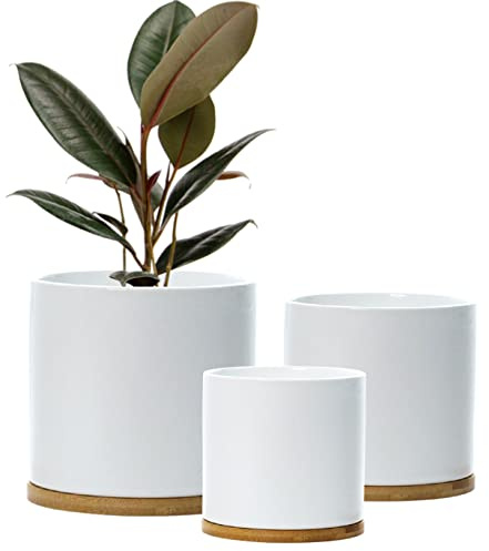 Set 3 keramiska växtkrukor med bambutunderlägg inomhusplanterare vit gryta set keramiska blomkrukor behållare utomhus stora, medium, små med fat (vit)