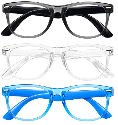 Okany Blue Light Glasses for Kids 3 Pack Blue Light Blocking Glasses for Teen Boys Girls Age 3-10,Computer Screen Gaming TV Phone Glasses Anti Glare,UV & Eye Strain (Grey Black+Transparent+Blue)