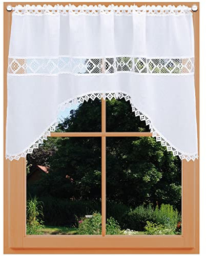 Querbehang Lavina Vogtländische Spitze mit Bogen weiß | hochwertiger Dekobehang moderne Stickerei-Kante | zeitloser Bogenstore mit Stangendurchzug handgefertigt | Volant Höhe x Breite 50 x 300 cm