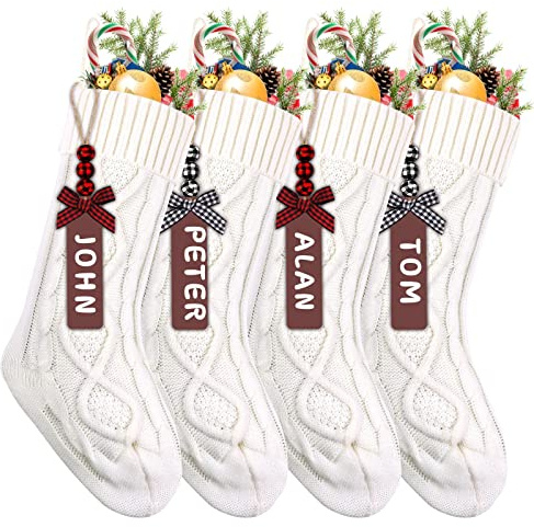 XIMISHOP 4PCS White Christmas Stockings, 18inch Large Personalized Cable Knitted Xmas Hanging Stocking Decorations with Name Tags for Holiday Christmas Party Family Decor