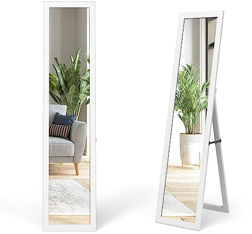 HOMASIS Specchio da Terra da Parete, Specchio da Pavimento a Figura Intera, Specchio Rettangolare da Appendere con Cornice in Legno, per Spggiorno, Camera da Letto, 37 x 50 x 148 cm (bianco)