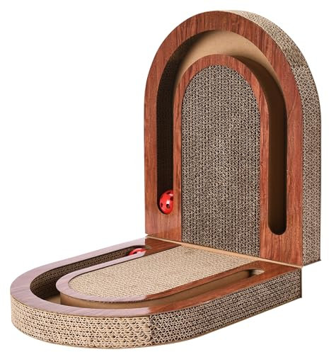 Pfotenolymp Luxus-Kratzbrett für Katzen - Interaktives Katzenspielzeug aus Wellpappe - integrierter Ball - rutschfest, umweltfreundlich im modernen Design - Braun - Foldable