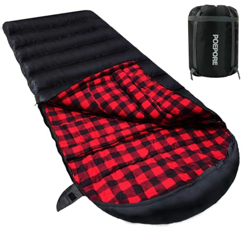 POEPORE 0 Degree Sleeping Bag 100% Cotton Flannel XXL Cold Weather Winter Oversized Sleeping Bag for Adults Camping Zero Degree Big and Tall with Compression Sack