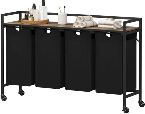 Lifewit Cesto para la Colada con Ruedas, Cestos de Ropa Extraíbles, Balda Superior Grande y Bolsas Extraíbles con Asas, Clasificador de Ropa para Lavadero, Baño, 4 Compartimentos, 168 L, Negro