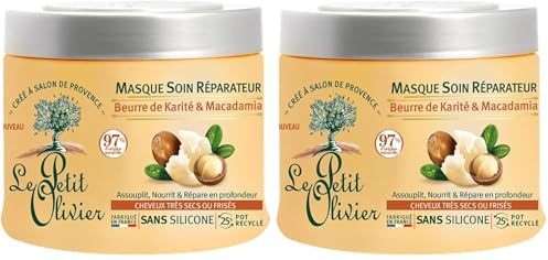 LE PETIT OLIVIER - Masque Soin Réparateur - Karité & Macadamia - Assouplit, Nourrit & Répare en Profondeur - Cheveux Secs ou Frisés - Sans Silicone - Fabriqué en France - 330 ml
