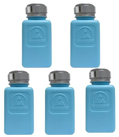 Lot de 5 flacons de solvant ESD de 200 ml | Flacon carré antistatique bleu | Pompe distributeur de liquide en acier inoxydable avec pompe pour frotter l'alcool/vernis à ongles Distributeur de