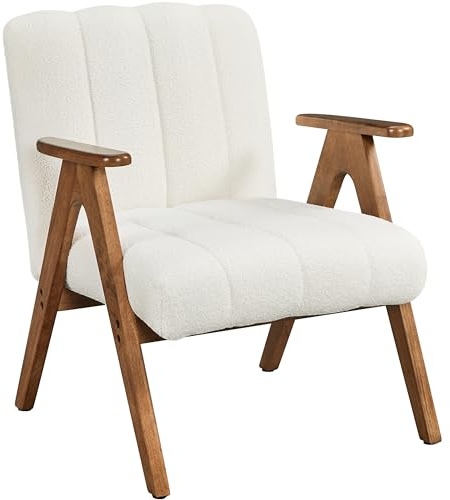 Abician Fauteuil de Salon en Tissu Bouclette Chaise Rembourrée Moderne du Milieu du Siècle Fauteuil d'appoint avec Pieds en Bois Massif Design V pour Coins Lecture Bureau Chambre Blanc