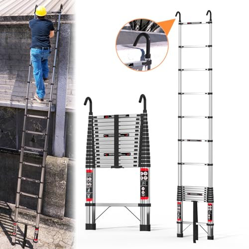 Telescopic Ladder 5M/16.4FT Stainless Steel Extension Ladder with Detachable Hooks, 150KG Max Capacity Portable Multi Purpose Extendable Loft Ladder Portable Folding Ladder for Roof Attic Caravans