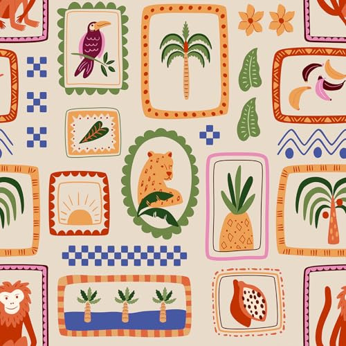 VaryFloral Papier Peint Adhesif Mural Animal Enfantin Papier Peint Fleuri 44.5cmx400cm Vinyle Adhesif Jaune Brunâtre Tropical Stickers Muraux Imperméable Film Autocollant Meuble Armoires Chambre