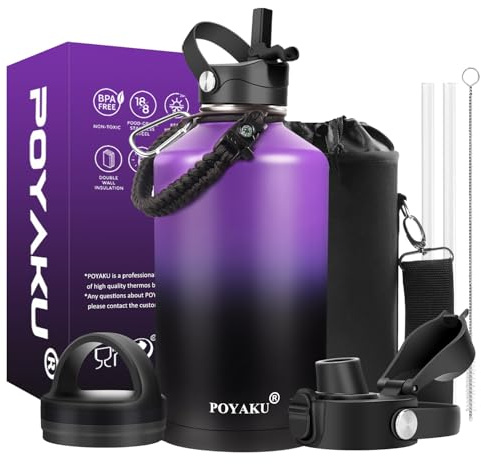 Water Bottle Insulated 32oz 40oz 64oz 128oz Straw Lid Spout Lid & 3 Lids, Leak Proof, Vacuum Insulated,Stainless Steel Water Bottle Wide Mouth for Sports, Gym or Office (Purple Black, 64 oz)