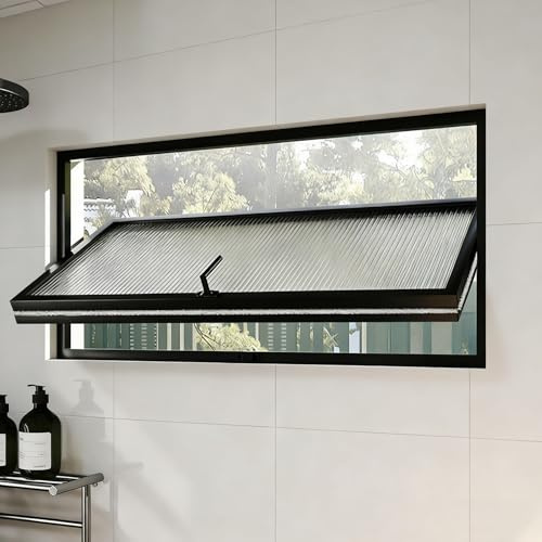 Fenster 360° Drehbares, Geriffeltes Glasfenster, Badezimmerfenster mit Drehbarem Griff, Einbaufenster für Balkon/Wohnzimmer/Büro(Black,80x60cm/31.5x23.6in)