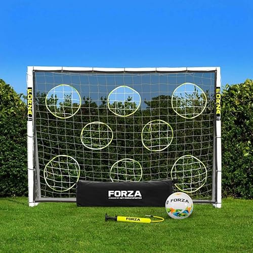 FORZA Fotbollsmål med låsningssystem [2.4m x 1.8m] | Vädersäkert PVC Trädgårdsmål för barn + Nät | Enkel montering | Fotbollsutrustning | Vit färg, Med bärväska, målvaktsduk och boll