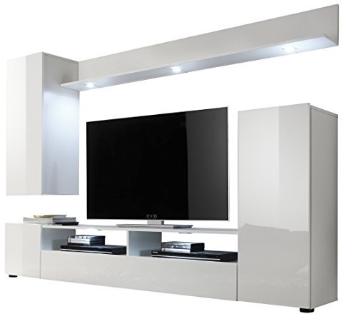 trendteam smart living - DOS - Wohnwand - Weiß Hochglanz - Anbauwand mit 3 Türen, 1 Klappe, 2 offenen Fächern und 2 Einlegeböden - (BxHxT) 208 x 165 x 33 cm - im modernen Design