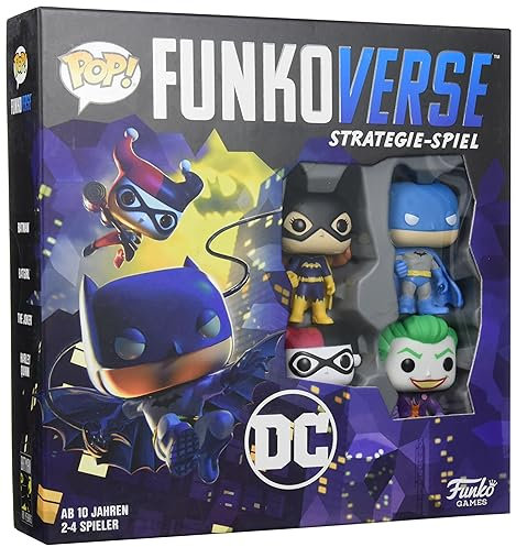 Funko Games DC Comics Funkoverse Board Game 4 Character Base Set - German Version - Batman, Batgirl, The Joker And Harley Quinn - 3'' (7.6 Cm) POP! - Light Strategy Board Game For Children & Adults